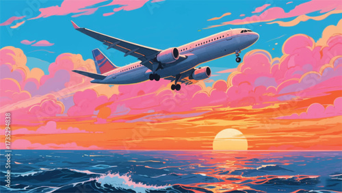 Airplane Flying Over the Sea Illustrator Artwork Banner Background Design Template 