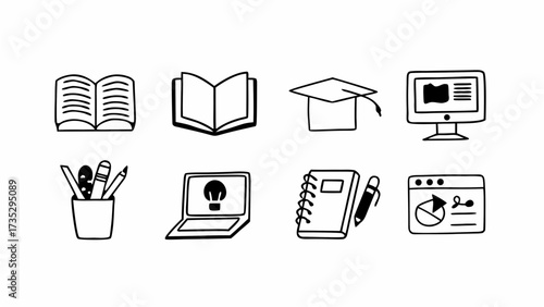 Education Icons: A collection of minimalist line art icons representing various aspects of education and learning, from books and computers to notebooks and graduation caps.