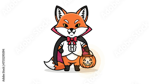 Halloween Fox: A charming cartoon fox, dressed in a vampire costume, holds a grinning pumpkin lantern, perfectly embodying the festive spirit of Halloween. 