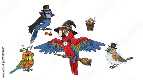 Whimsical Steampunk Birds in a Fantasy Realm: A colorful menagerie of fantastical steampunk-themed birds, each adorned with unique hats, gears, and contraptions.