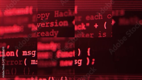 Close up of computer screen with red programming code, glitch distortion and digital noise, futuristic hacker background, system error, data corruption and cybersecurity concept. Software hack