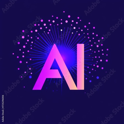 Bright pink and purple gradient letters A and I with radiating light rays and dotted circular pattern on dark blue background, conveying a futuristic and dynamic feeling