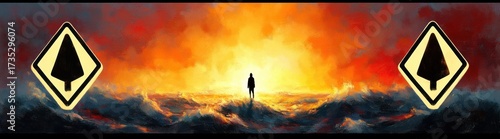 Silhouette of a person standing amid turbulent waves with a fiery orange and red sky and two warning signs featuring tree icons on each side
