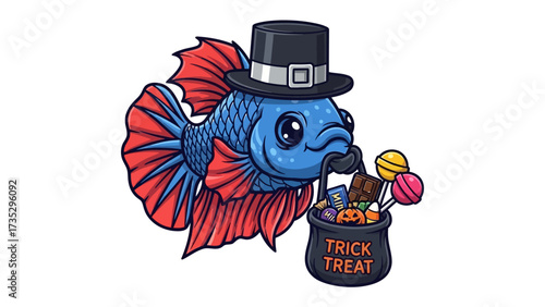 Halloween Betta Fish with Treat: A whimsical betta fish, adorned in a miniature hat, carries a bucket filled with candies, depicting a delightful and spooky Halloween scene.