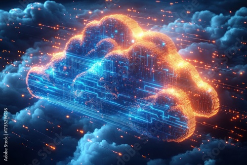 Futuristic digital cloud composed of glowing blue and orange circuitry floating above real clouds with scattered bright light streaks representing data flow and connectivity