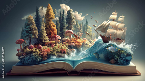 Epic fantasy illustration with ship and island