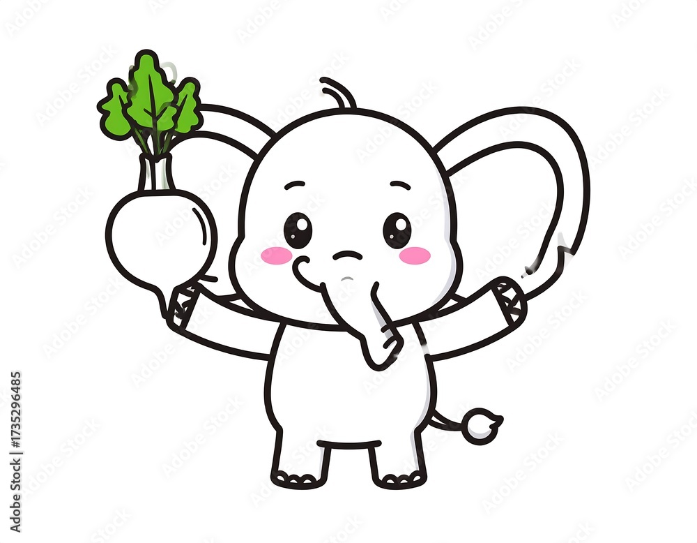 Naklejka premium Cute Elephant Holding Turnip, Cartoon Animal Illustration.