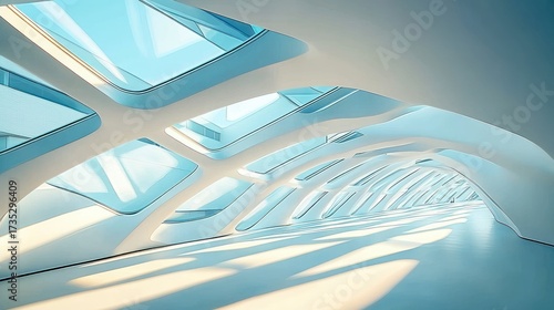 Bright futuristic interior corridor with large angular glass windows and smooth curved white walls flooded with natural sunlight creating dynamic shadows
