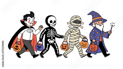Halloween Parade: A whimsical illustration capturing the spirit of Halloween, featuring four costumed figures: a vampire, skeleton, mummy, and wizard.