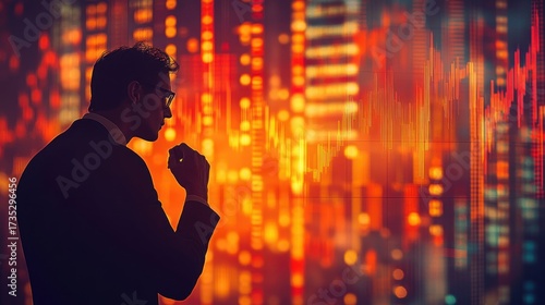Pensive businessman observing glowing digital financial data and stock market charts in vibrant orange and yellow hues