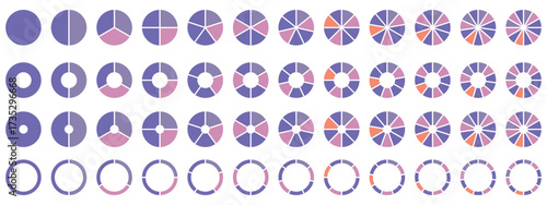 Pie chart color icons. Segment slice sign. Circle section graph. Pie chart set. Colorful diagram collection. 2,3,4,5,6,7,8,9,10,11,12 segment infographic. Circle pie chart diagram.