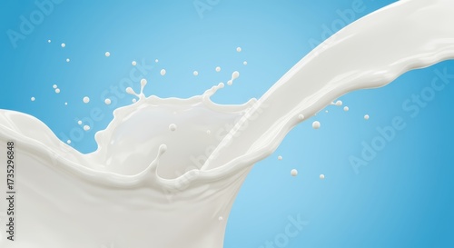 Dramatic depiction presents flowing, pure white liquid with dynamic splashes and droplets against a clean, vibrant, bright blue gradient background, showcasing freshness and movement.