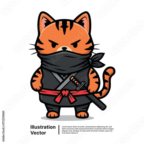 Cartoon tiger cat illustration showcasing a fierce and brave ninja concept with traditional attire and sword