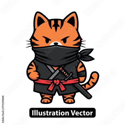 Dynamic cartoon illustration of a stealthy feline warrior, embodying agility and playful strength in a martial arts pose