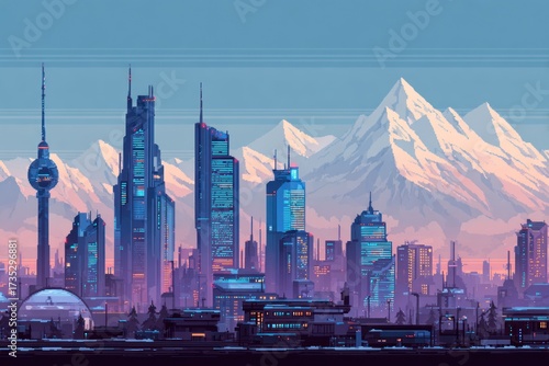 Pixel art cityscape with towering buildings and snow-capped mountains.