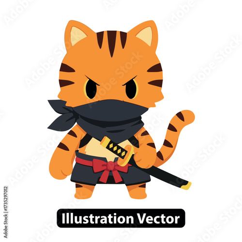 Adorable Feline Warrior Charming Cartoon Tiger Ninja Character with Katana Sword Illustration