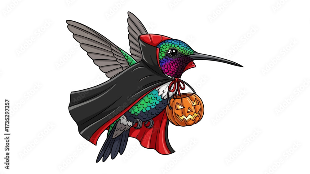 Obraz premium Hummingbird Halloween Costume: A digitally crafted image of a vibrant hummingbird, adorned in a charming Halloween costume. A whimsical illustration suitable for festive greeting.