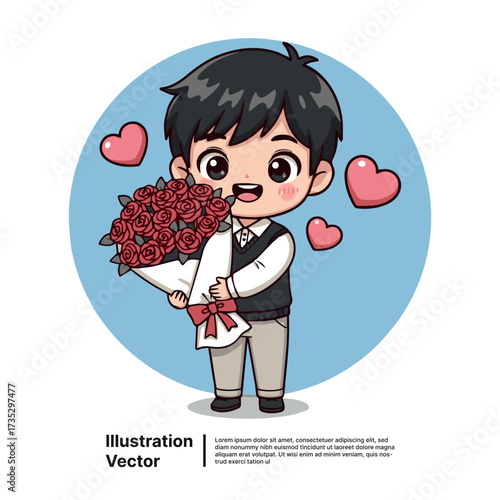 Adorable animated boy happily presents a vibrant bouquet of crimson roses, symbolizing heartfelt affection and romantic sentiment