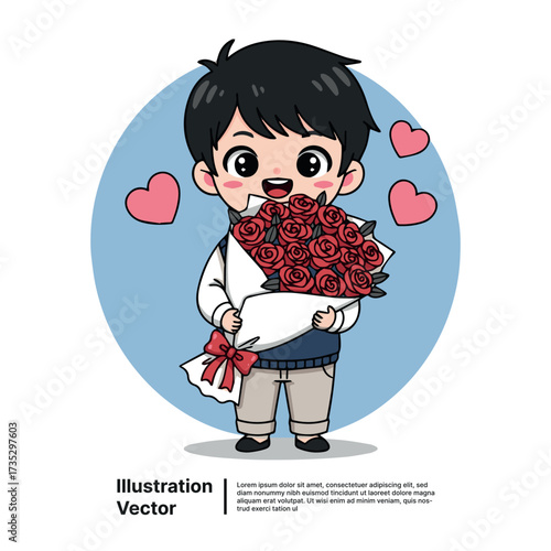 Adorable cartoon boy presents a lovely red rose bouquet, symbolizing affection and a special romantic moment