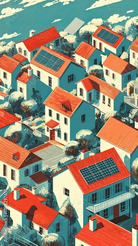 A Picturesque Cityscape Featuring Charming Red Roofs and Traditional White Houses against a Vibrant Sky