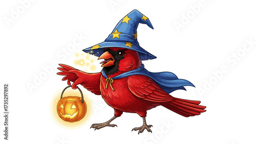 Cardinal Wizard Illustration: A charming cardinal, adorned in a wizard's hat and cape, carries a jack-o'-lantern, celebrating the playful spirit of a festive season.