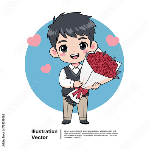 Adorable cartoon boy presents a vibrant red rose bouquet, conveying love, affection, and romantic sentiment
