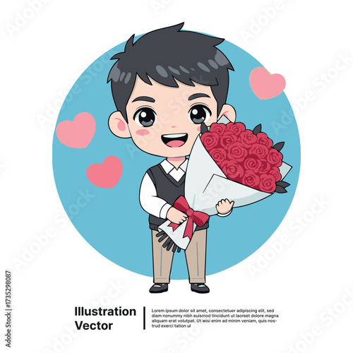 Charming anime boy character holding a beautiful large bouquet of red roses as a heartfelt gift