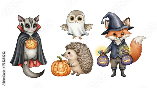 Halloween Animals Gathering: A captivating assortment of adorable woodland creatures dressed in festive costumes. Embracing the playful essence of Halloween, the fox, owl, hedgehog.