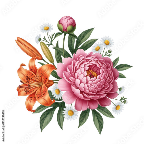 Elegant pink peony and orange lily flower arrangement with delicate daisies floral composition