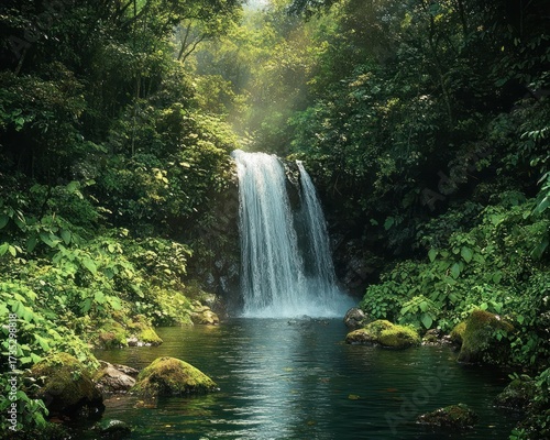 Serene natural waterfall flowing into a calm pool surrounded by dense lush green forest and moss-covered rocks under soft sunlight