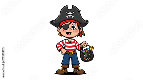 Young Pirate: A whimsical illustration captures a jolly young pirate, adorned with a hat and an eye patch, clutching a jack-o'-lantern-shaped bag overflowing with candy. 