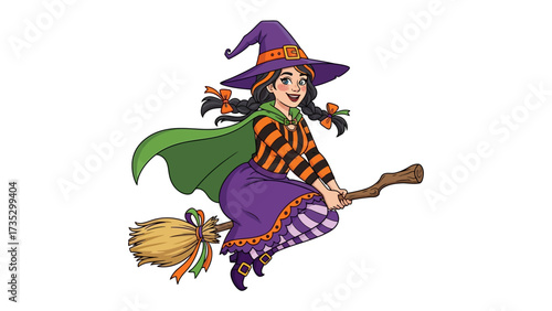 Spirited Witch Afloat: A whimsical illustration of a vibrant witch soaring through the air on a broomstick, bringing the playful spirit of Halloween to life.