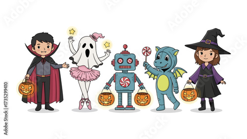 Halloween Parade of Mischief: A vibrant and playful illustration captures the essence of Halloween, showcasing children in delightful costumes with a cute robot and a friendly ghost.