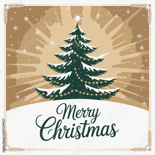A vintage style merry christmas greeting card featuring a snow covered evergreen tree adorned with twinkling lights and a radiant star on top