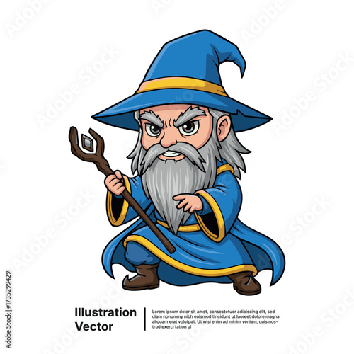 Mystical old wizard with a long beard and blue robe, holding a magical staff, preparing to unleash arcane power