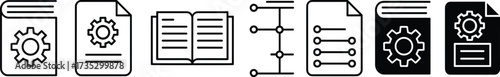 Black and white icons of documents, books, technical manuals, checklists, and flowcharts for organizational and educational use