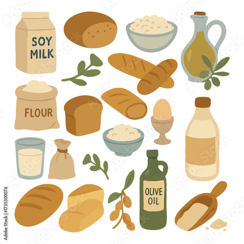 Baking Ingredients and Bread Illustration Set