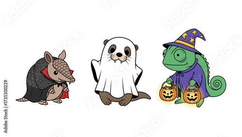Halloween Animals Trio in Costume: Three adorable creatures, an armadillo, otter and a chameleon dressed in Halloween costumes, creating a whimsical scene of festive fun.