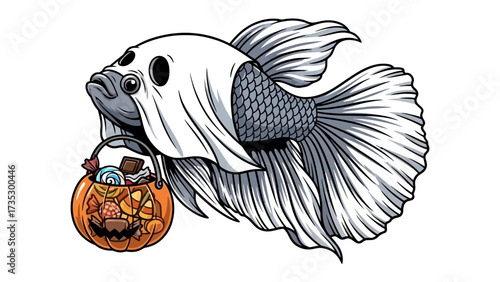 Halloween Betta Fish Illustration: A whimsical Halloween illustration of a Betta fish costumed as a ghost, holding a pumpkin treat bag, against an appealing backdrop.