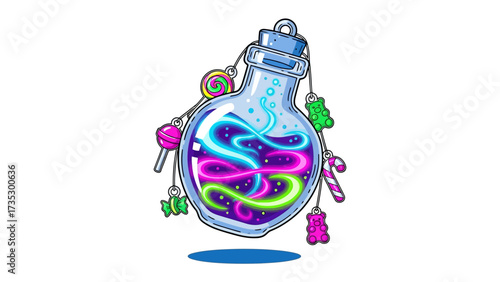 Potion of Enchantment: a whimsical illustration, a colorful potion, swirling with glowing neon light, adorned with candies.