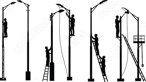 Vector illustration of workers installing and maintaining streetlights using ladders, lifts, and platforms, construction safety silhouettes, urban infrastructure repair