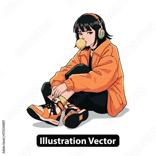 Fashionable young woman in an orange jacket with headphones, casually blowing a bubblegum bubble