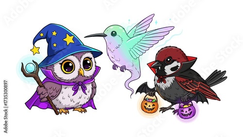 Halloween Aviary: A magical Halloween gathering of whimsical birds, a charming owl wizard with his staff, a ghostly hummingbird and a spooky bird.