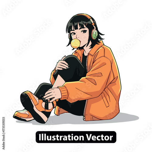 Stylish anime girl enjoying a moment of urban relaxation with headphones and bubblegum