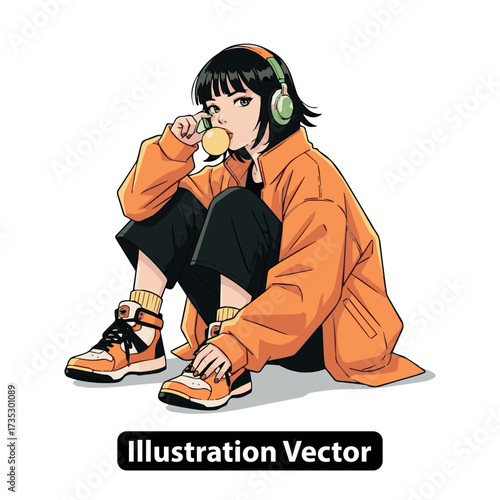 Cool anime girl in stylish streetwear blowing a bubblegum, radiating youthful urban vibe and modern energy