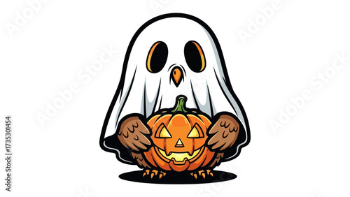 Spooky Halloween Icon: A friendly ghost holds a carved pumpkin, embodying the spirit of Halloween, conveying a sense of joy and spooky fun.