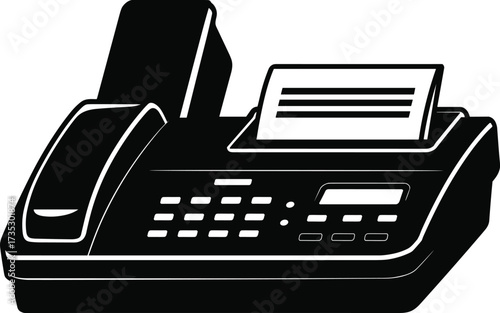 Black fax machine with handset and paper on white background copier scanner