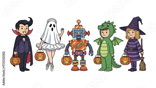 Halloween Costumes: A vibrant collection of diverse, costumed children ready for Halloween festivities, featuring a captivating array of playful costumes.
