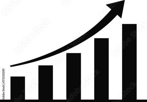 Black bar chart with upward trending arrow on white background graph rising