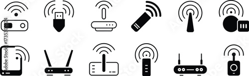 Black and white icons of wireless communication devices including routers, dongles, tablets, and signal towers with connectivity wave